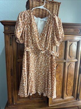 Nine West Leopard Print Wrap Dress with Puff Sleeves - Tan/White